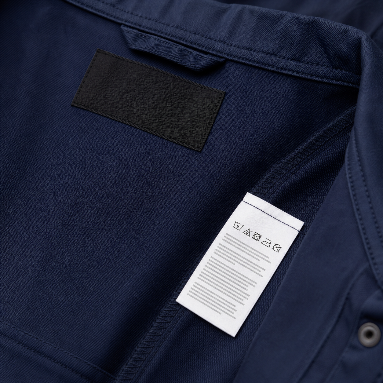 Brand and wash-care labels applied inside a workwear garment