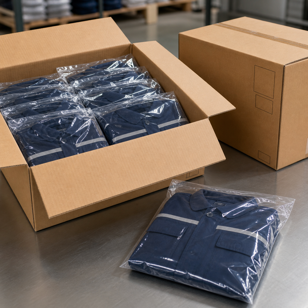 Individually packed workwear arranged in export cartons