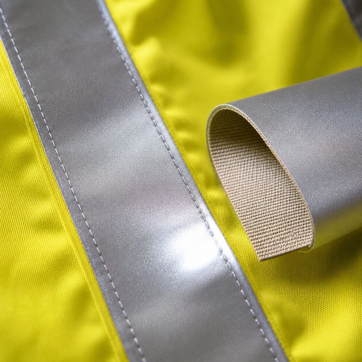 Reflective tape stitched to high-visibility fabric
