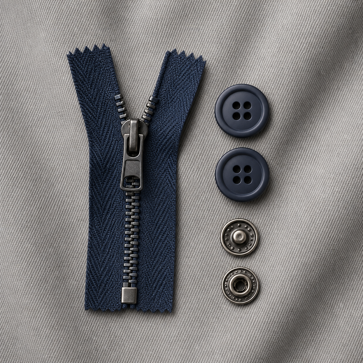 Zips, buttons and snap fasteners arranged on workwear fabric