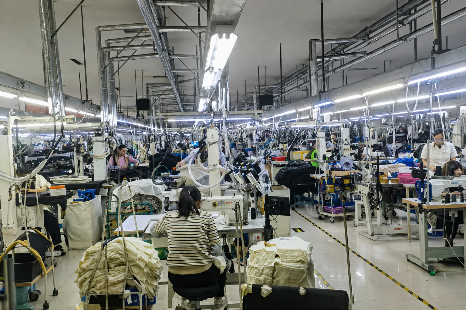 Garment operators working across an active sewing floor