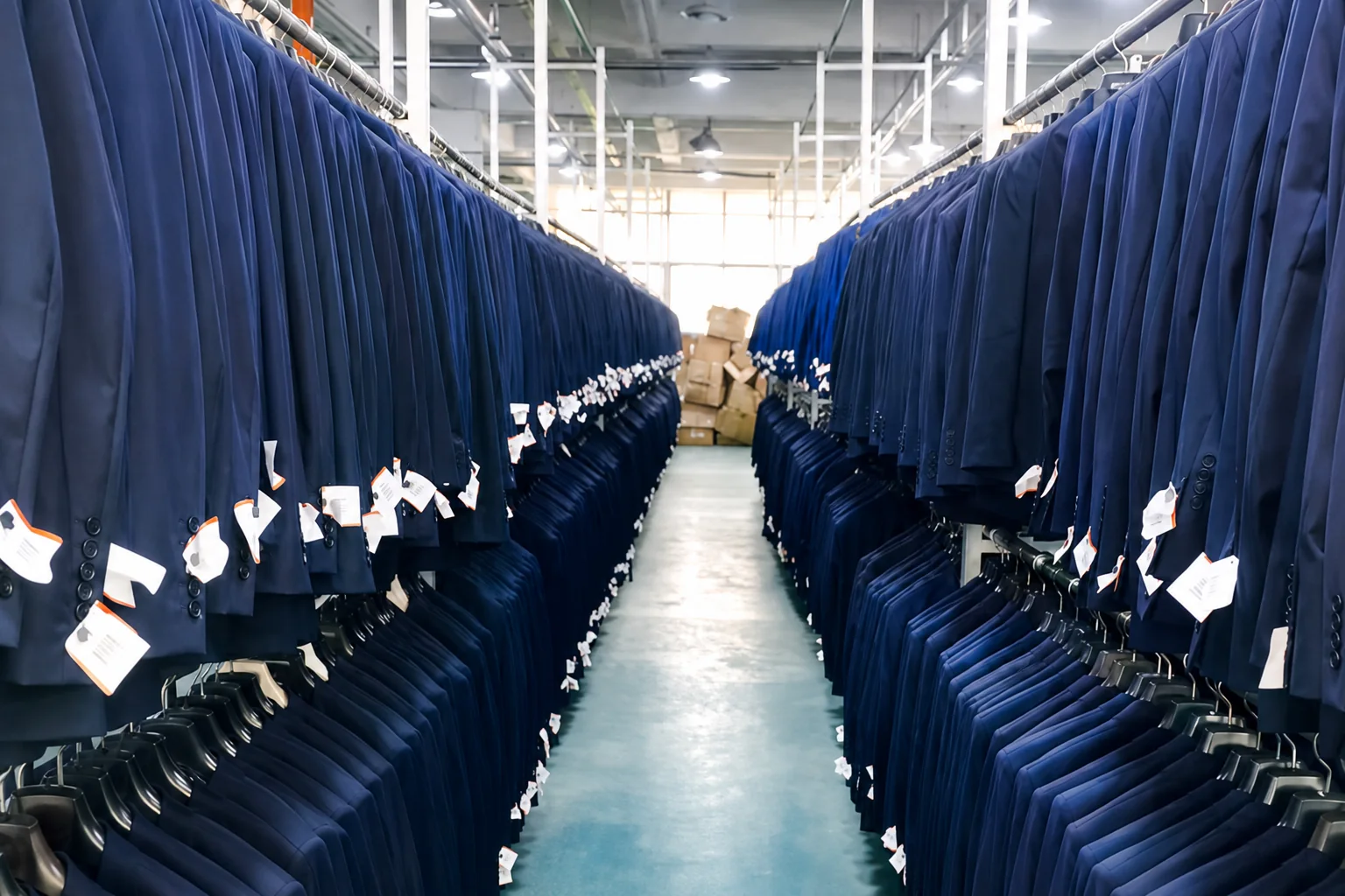 Rows of finished navy business suits organized on garment rails