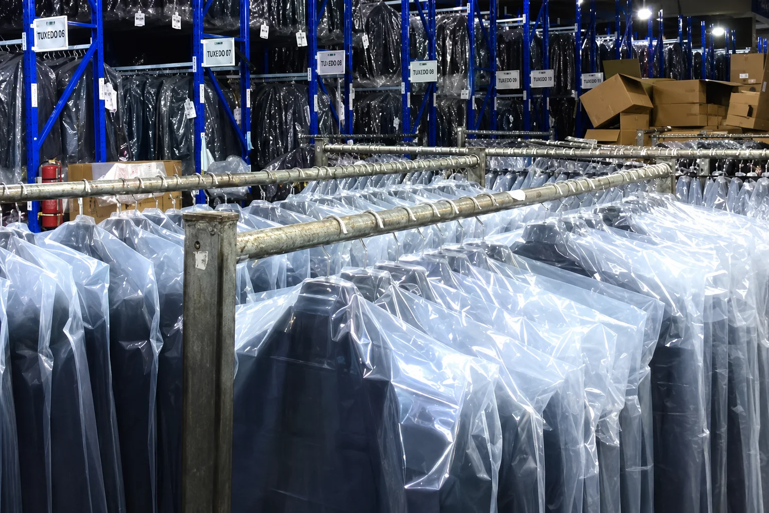 Finished suits protected in garment covers before dispatch