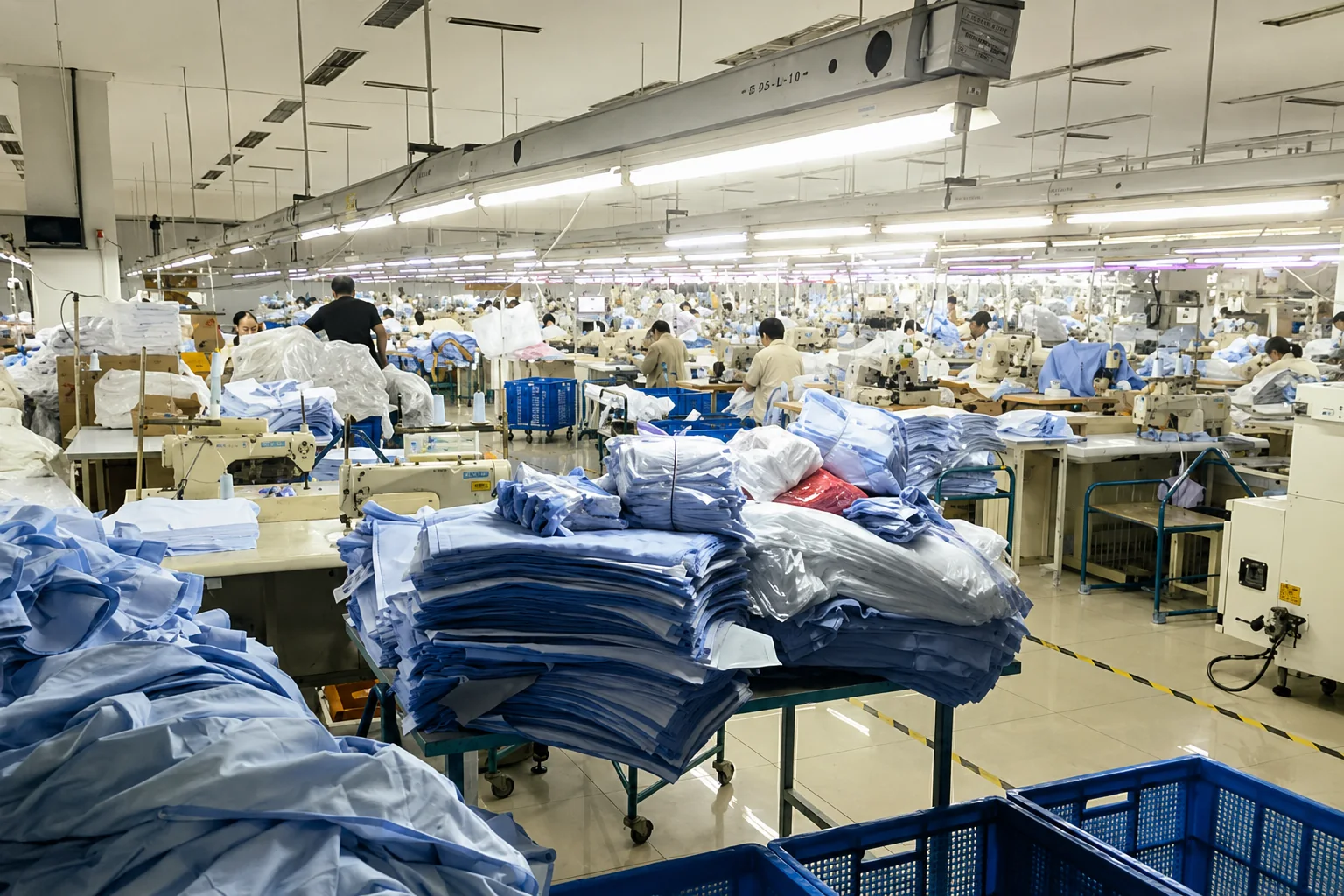 Active garment sewing workshop producing blue shirts