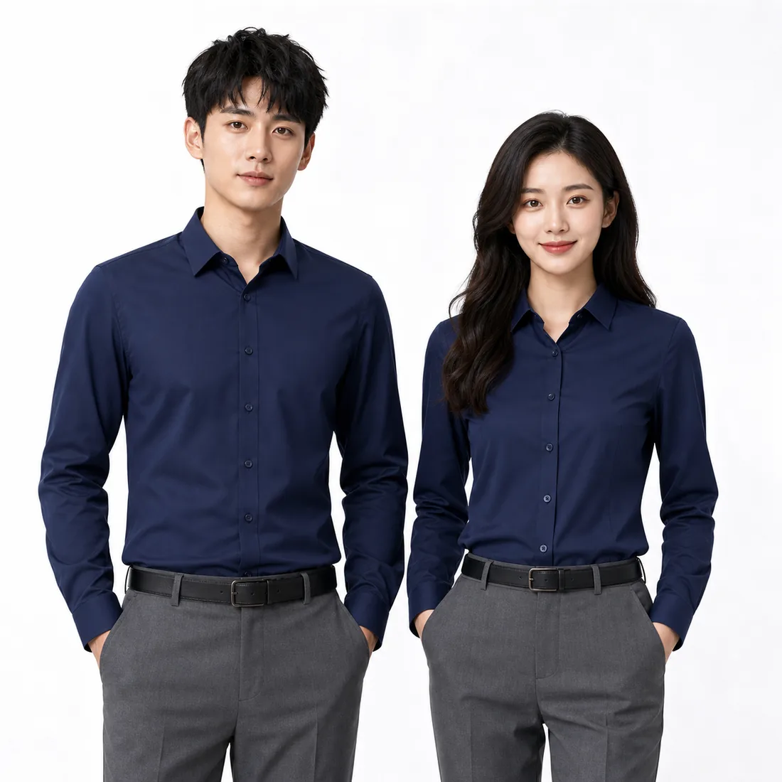 Men's and women's navy long-sleeve business shirts