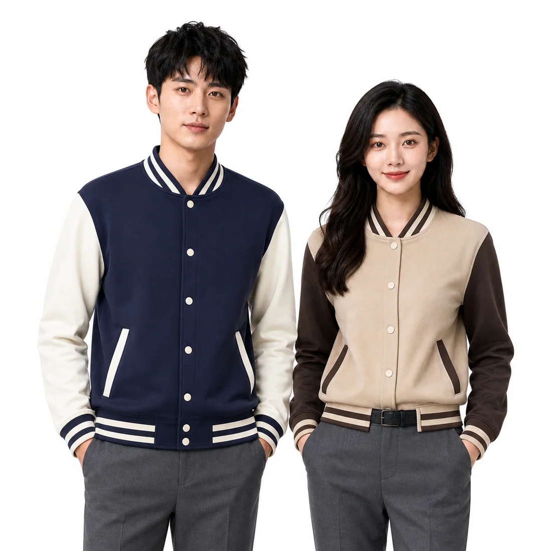 Men's navy and women's beige college varsity team jackets