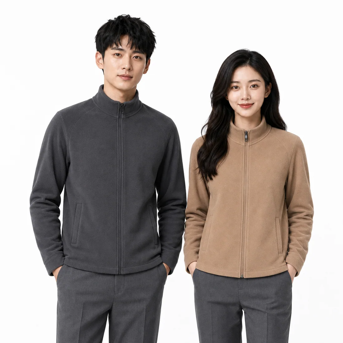 Men's gray and women's tan fleece zip team jackets