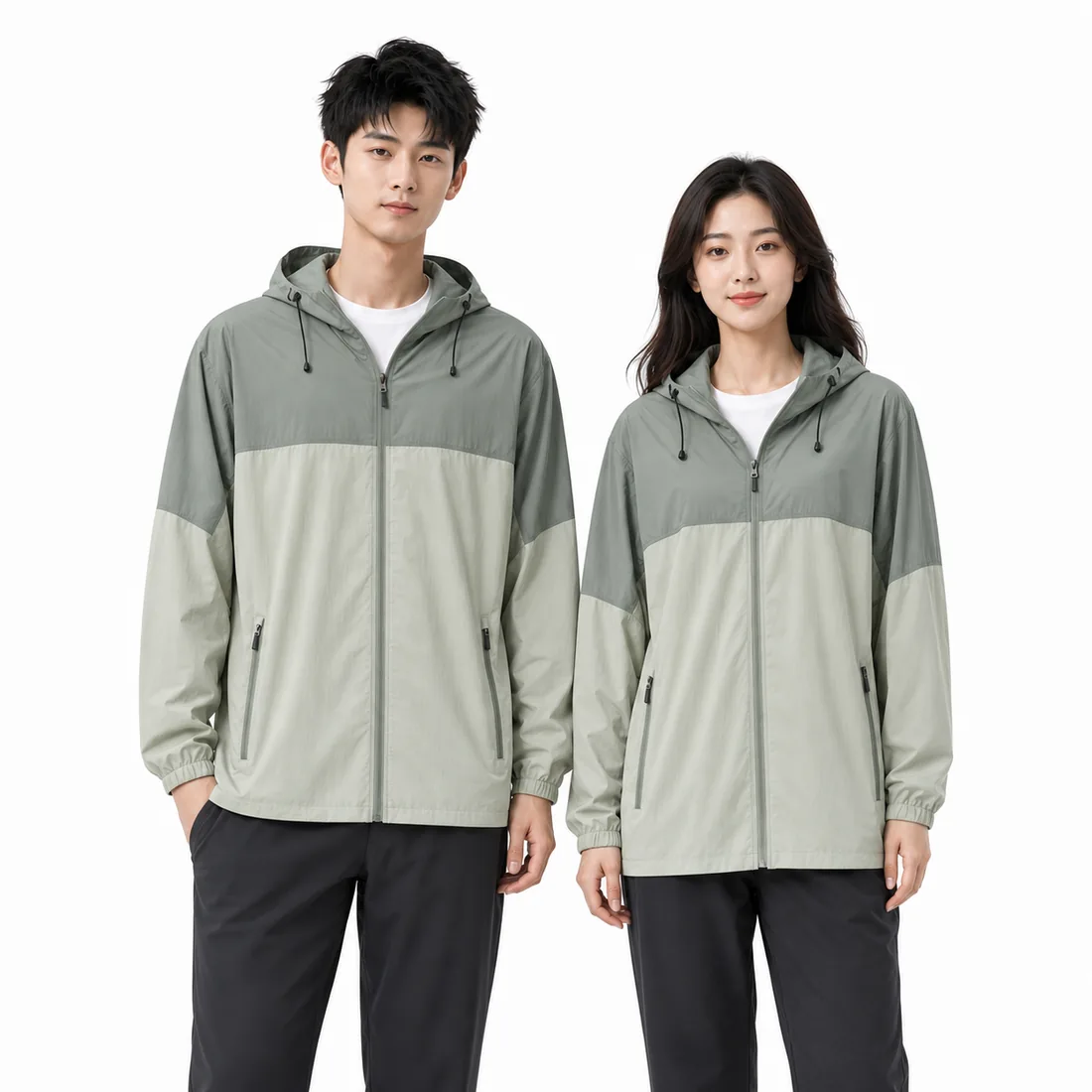 Men's and women's lightweight green summer hooded jackets