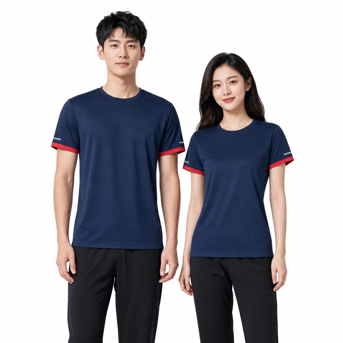 Men's and women's quick-dry navy logo T-shirts