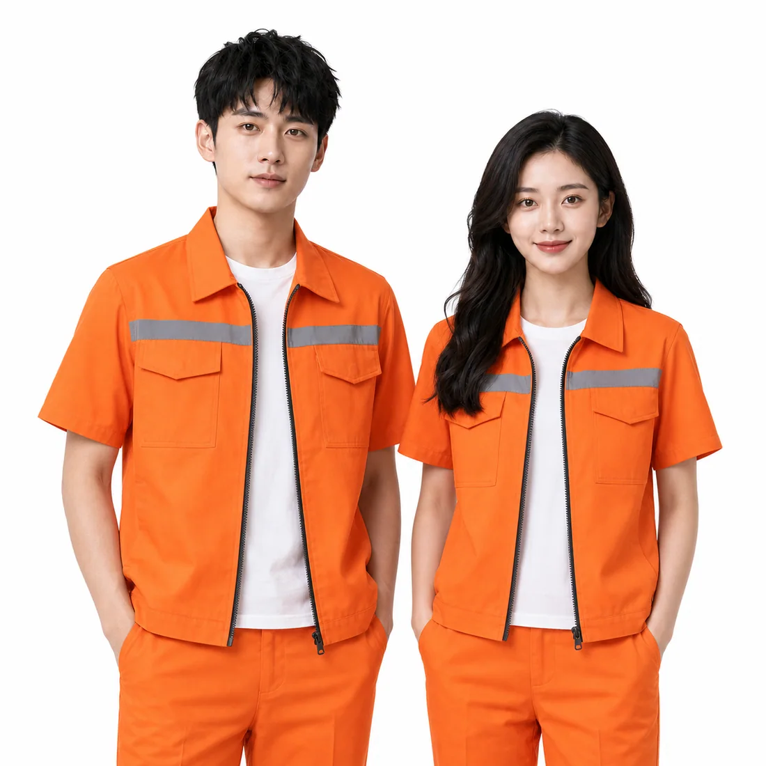 Orange short-sleeve workwear set with reflective trim