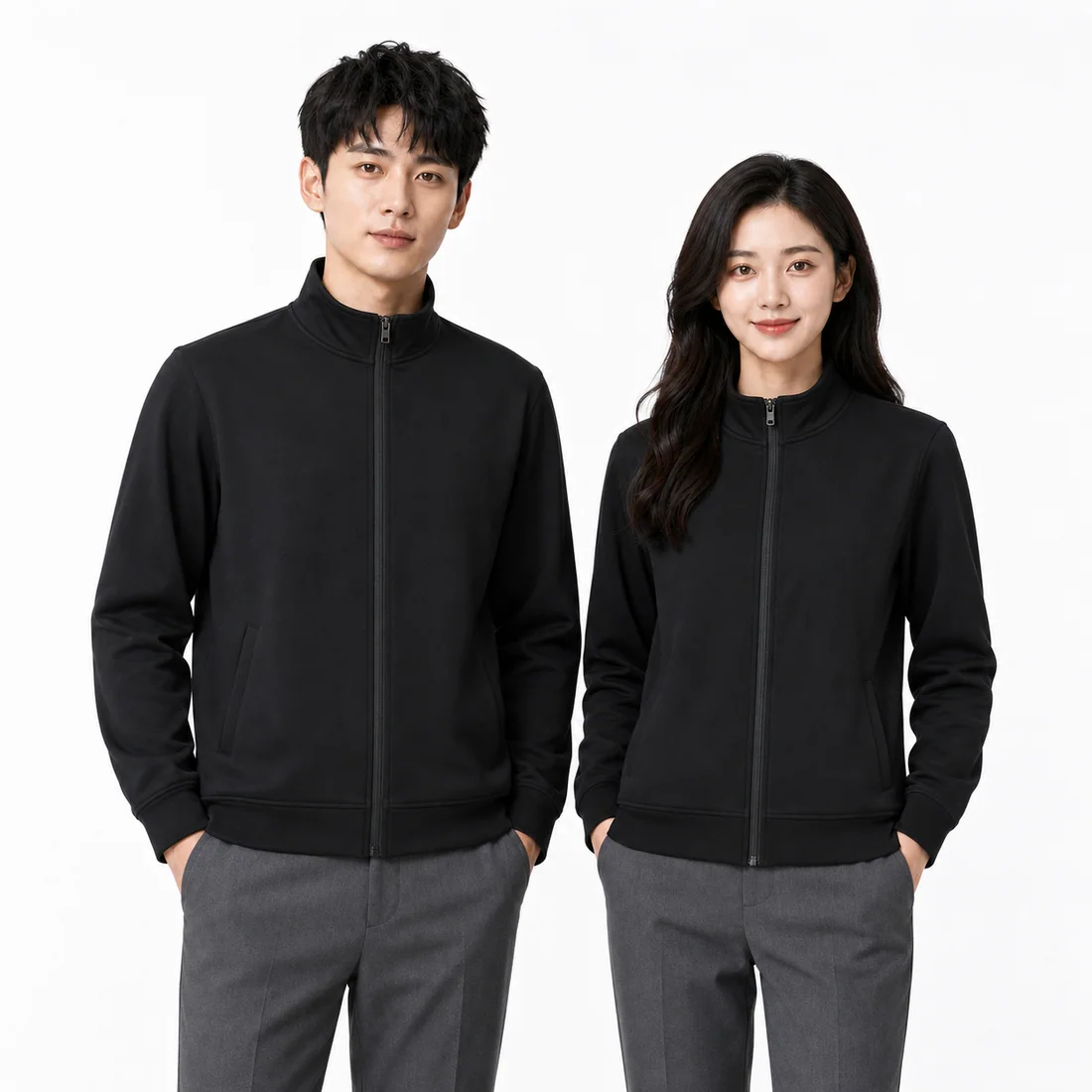 Men's and women's black stand-collar team zip jackets