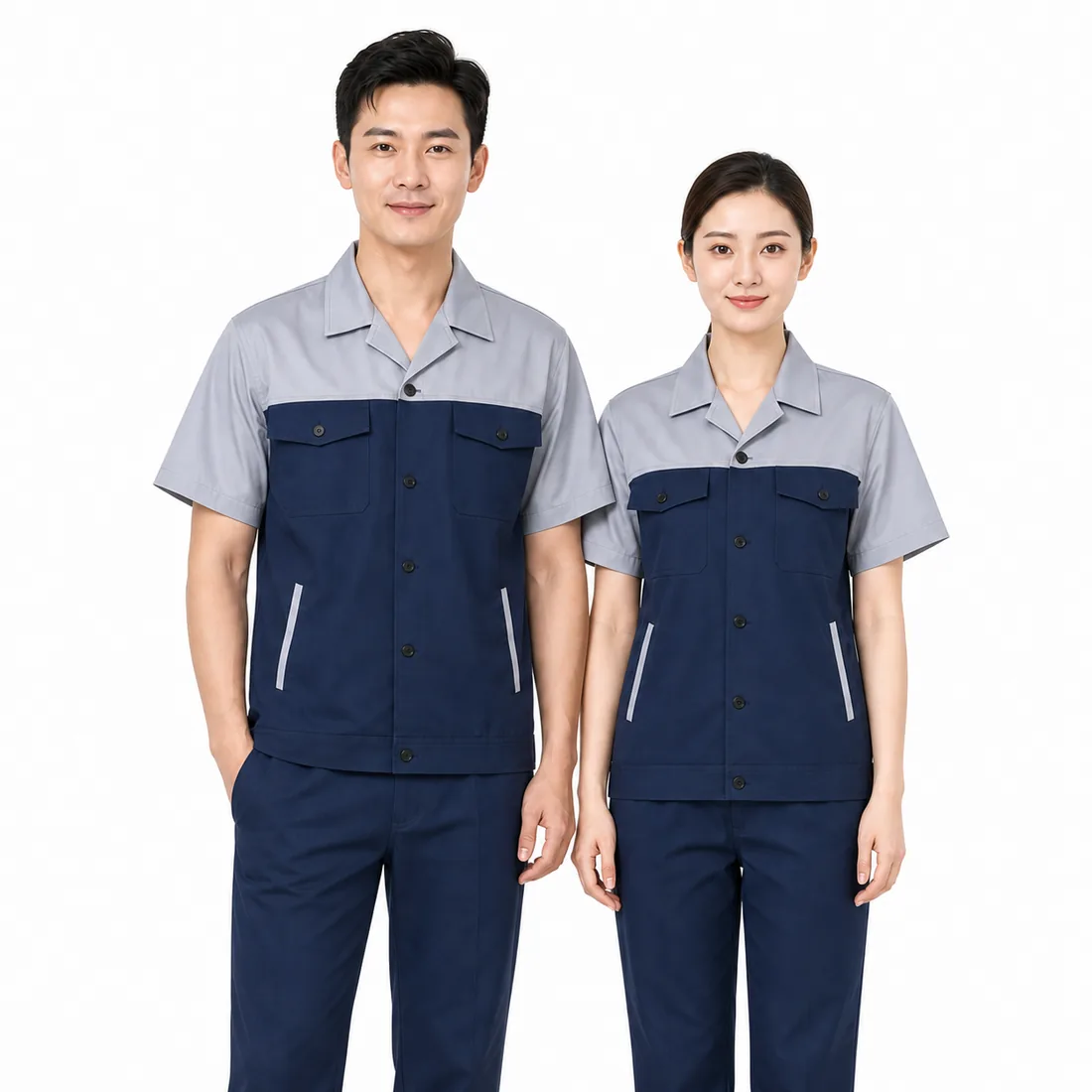 Men's and women's navy and gray summer workwear sets