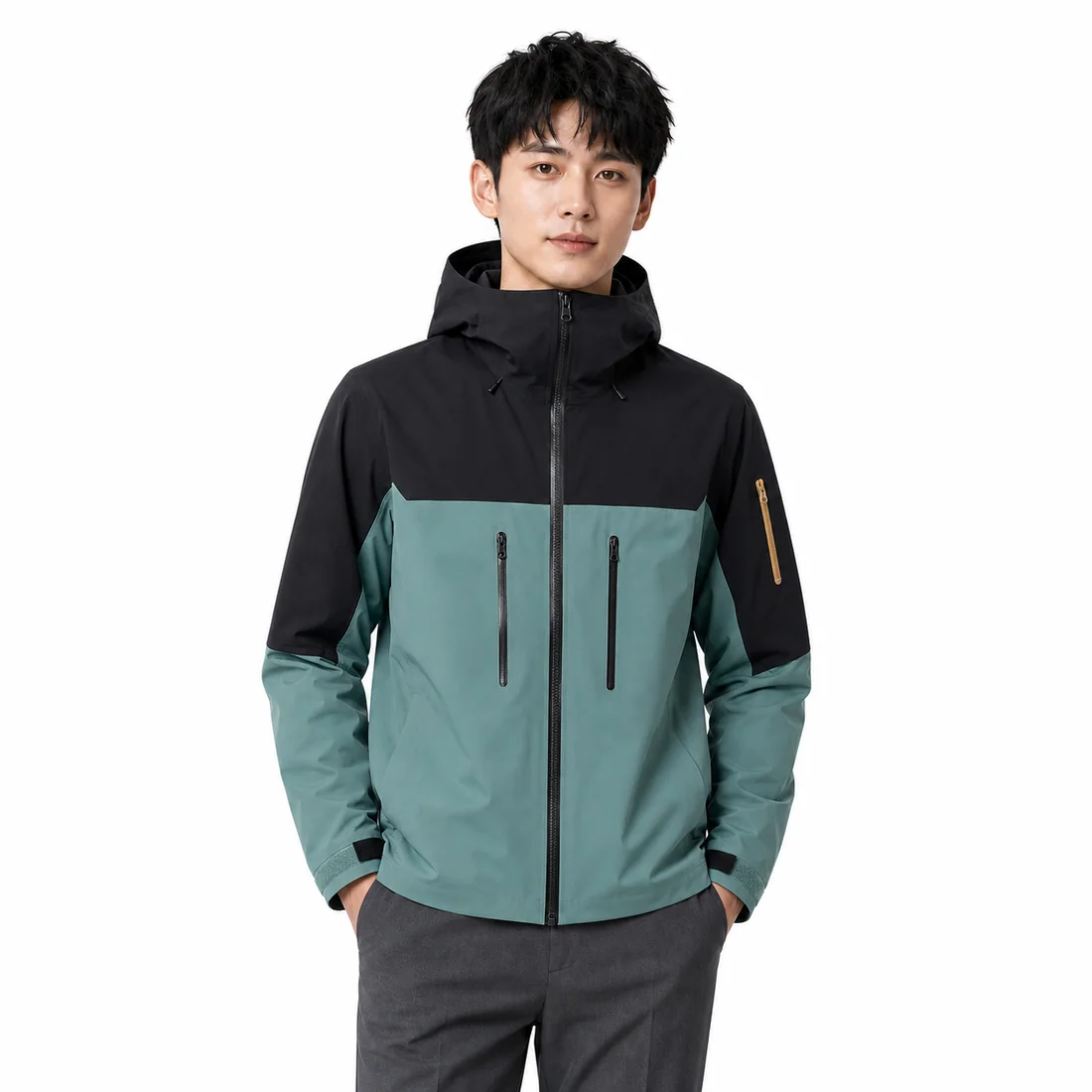 Black and green three-layer taped-seam hooded shell jacket