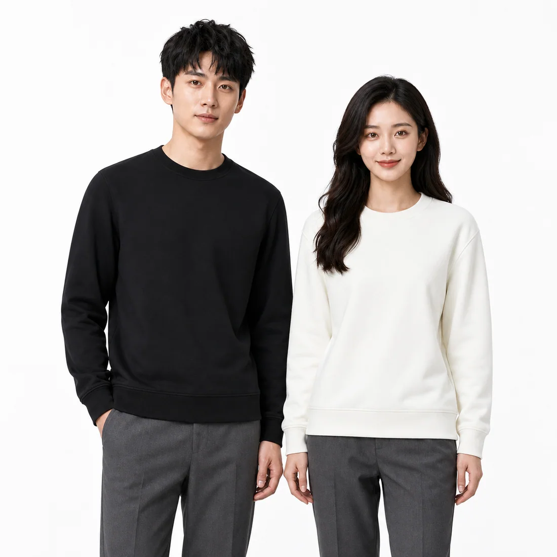 Men's black and women's white unisex crew-neck sweatshirts